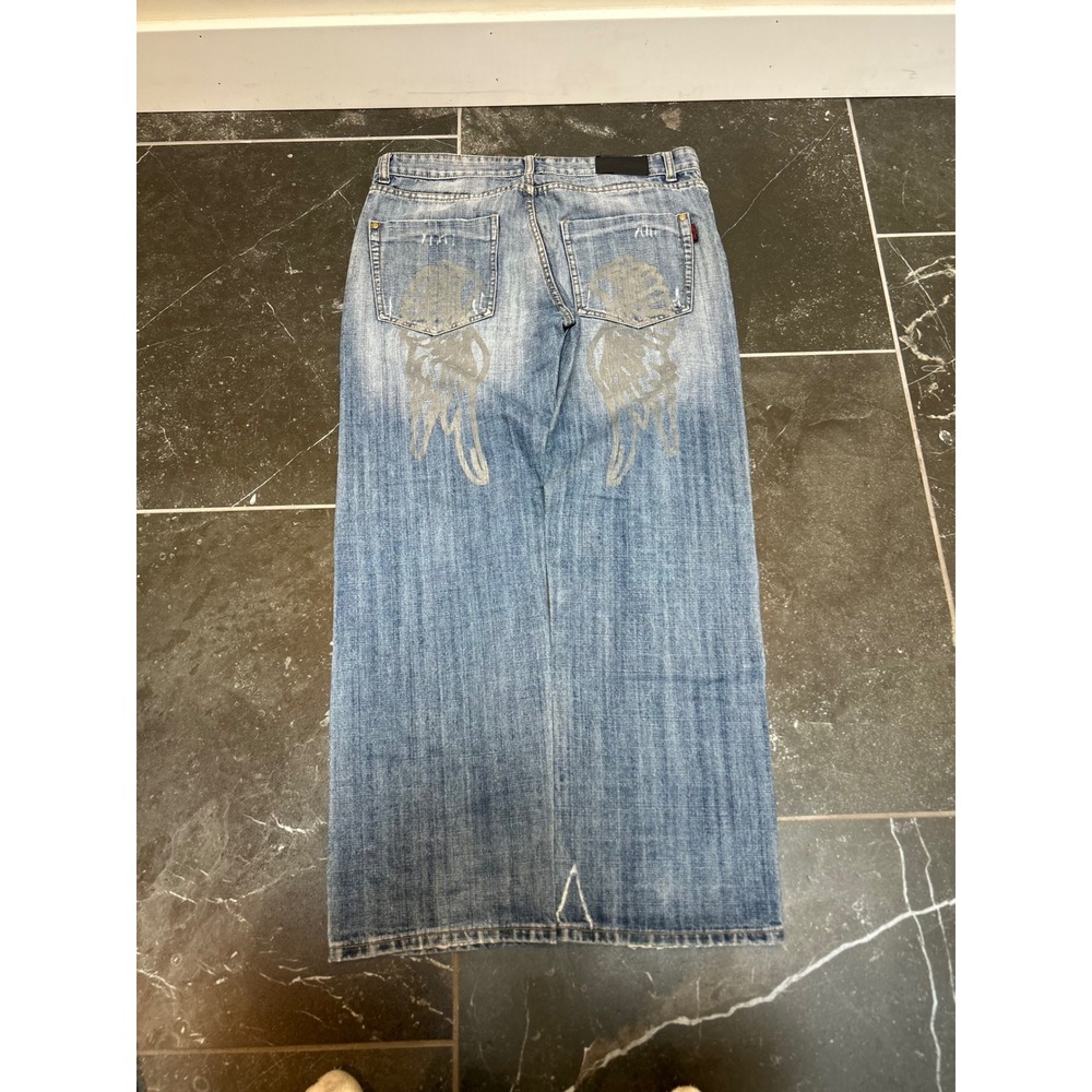 Robin's Jean Mens Distressed Blue Wing Print Relaxed Straight Leg Jeans 36x31
